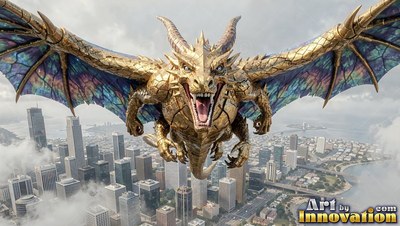 A golden dragon gives a loud roar as it flies straight over a modern city by the sea