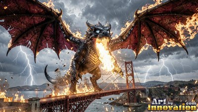 On a red suspension bridge, a dark dragon breathes fire during a lightning storm