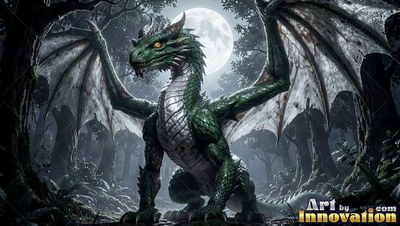 Spreading its wings in a dark forest, a green dragon stands under the bright round moon