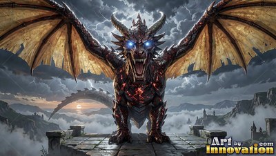 A dragon with horns with open wings roars on a stone ledge before a storm