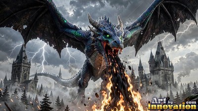 Green-eyed blue dragon breathing fire between dark castle towers under lightning