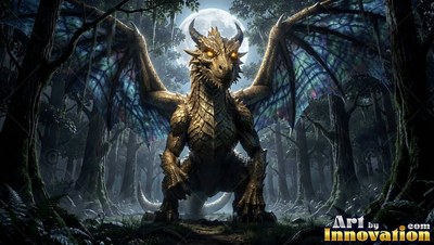 A golden dragon spreads its wings on a forest path under the pale moonlight