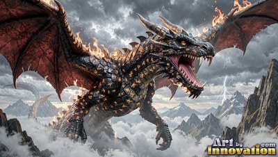Roaring with open wings over cloudy mountains, a black dragon burns with fire