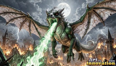 A green dragon breathes green fire down on a burning town beneath a full moon