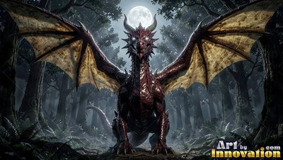 In a dim forest under the moon, a red dragon spreads its wings