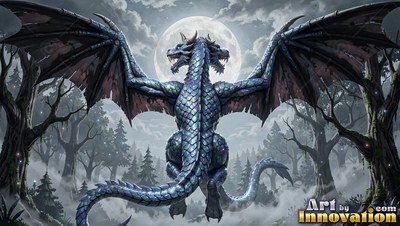 Spreading broad wings, a two-headed blue dragon rises before a round moon over woods
