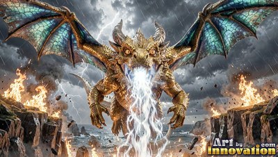 Golden dragon breathing lightning during a rain storm over rocks
