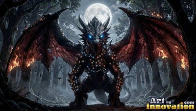 Sharp blue eyes stare from a black winged dragon standing in a dark forest beneath a full moon