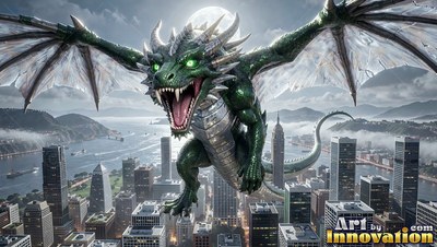 A green dragon glides through the air over a city skyline under bright daytime light