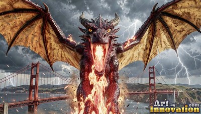 Facing forward with wings spread, a red dragon breathes fire by a bridge