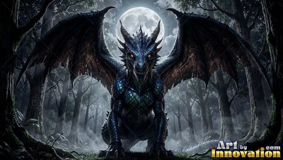 A dark blue scaled dragon sits in a foggy forest under a full moon