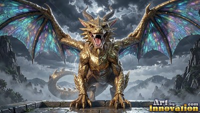 On a stone ledge, a golden dragon roars under stormy skies with spread wings