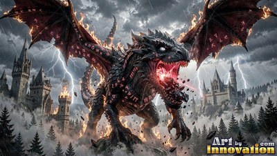 Roaring in a lightning storm, a black winged dragon breathes red fire above castles