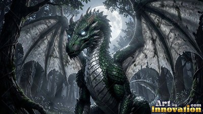 Green winged dragon sitting in a deep dark woods under the moon