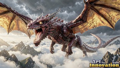 Sharp fangs bared, a red winged dragon glides through the air above cloudy mountain peaks under lightning
