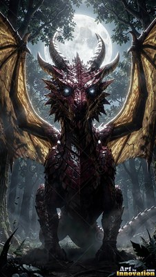 A horned red dragon spreads its wings under a bright moon in the deep dark woods