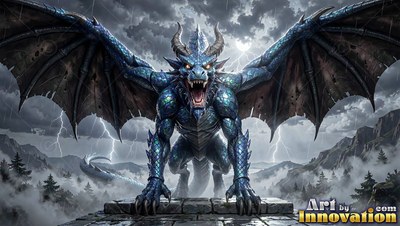 Perched frontally on stone, a dragon roars under lightning clouds