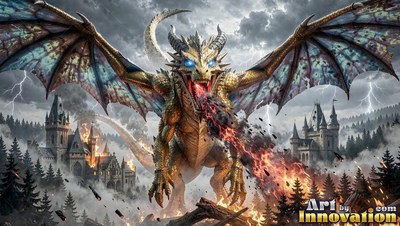 A golden dragon breathes fire over a burning castle in a stormy forest