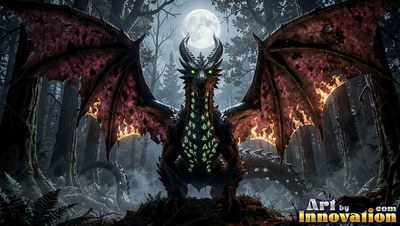In a dark moonlit forest, a dragon with horns spreads wide wings bordered by fire