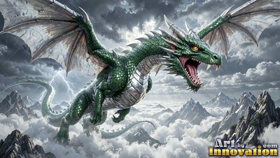 Roaring in flight, a green winged dragon soars above snowy mountains under storm clouds