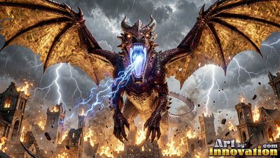 A winged dragon breathing blue lightning over a burning city