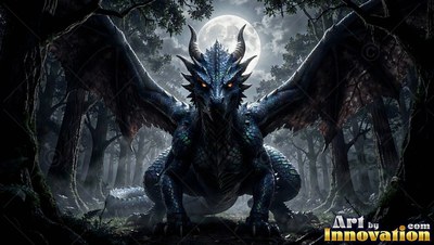 Dark blue scales cover a dragon crouching in a moonlit forest with wings spread wide