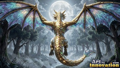 A golden dragon spreads rainbow wings over a misty forest under a bright moon
