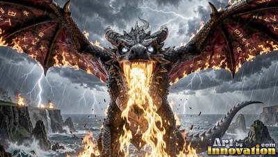 Facing forward over stormy cliffs, a black dragon breathes yellow fire