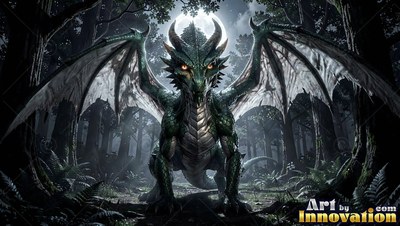 A green dragon stands with open wings in a deep dark woods under the moon