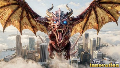Over a sunny coastal city, a red dragon with horns flies with its wings wide open