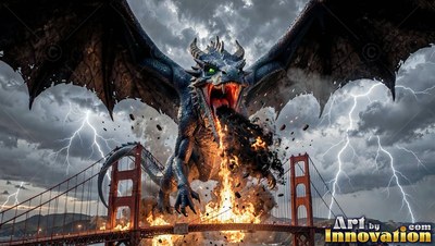 Breathing fire over a suspension bridge, a dark blue dragon lets out a roar under lightning clouds