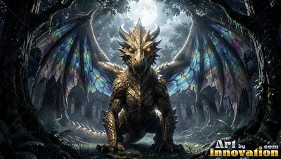 A golden dragon with colorful wings sitting in a moonlit forest
