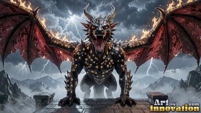Black studded scales cover a roaring dragon perched on stone during a lightning storm