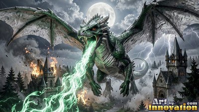 A green dragon breathes pale fire over a burning castle under a bright moon