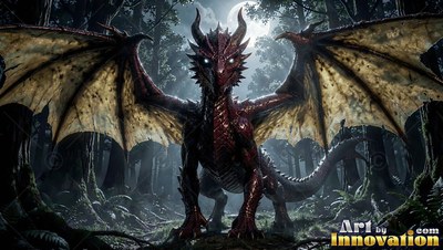 Facing forward with wide wings, a red dragon stands in a deep dark woods