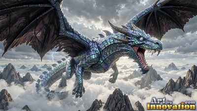 A shiny blue-scaled dragon roars as it flies over clouds and sharp rocky peaks