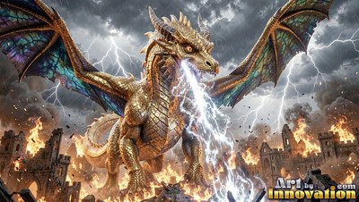 In burning ruins under lightning, a golden dragon breathes electricity