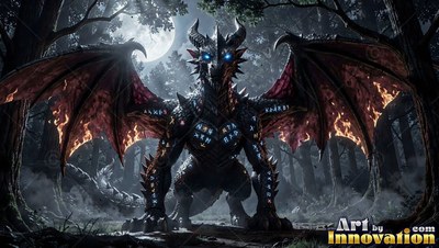 Spreading fiery wings, a dark dragon stands in a dark moonlit forest