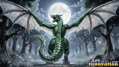 Green dragon spreading its wings in a forest under a full moon