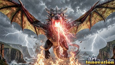 Sharp horns crown a dark dragon breathing fire over a stormy sea with rocky cliffs