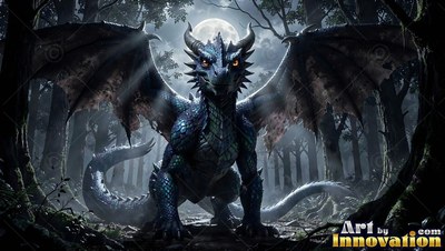 A blue dragon crouches in a shadowy woods with pale moonlight shining behind its wings