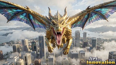 Flying forward with wings spread, a golden dragon soars over a city