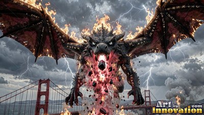A black dragon with burning wings breathes rocks over a red bridge in a storm