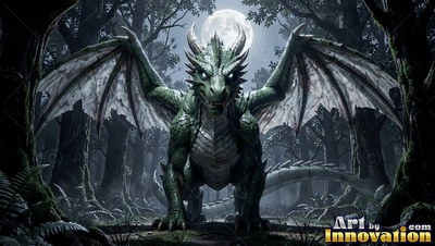 In a dark forest under a round moon, a green dragon spreads wide wings