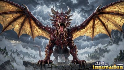Roaring on a stone ledge, a red dragon spreads wide wings under lightning clouds