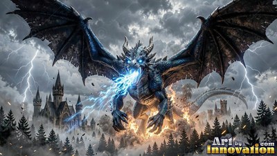 A dragon with blue scales breathes lightning over a dark pine forest