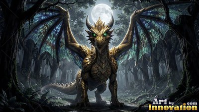 Bright green eyes shine on a golden dragon standing in a dark forest under a round moon
