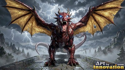 A red dragon snarls with an open mouth with wings spread wide under pale lightning in storm clouds