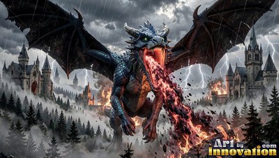 Facing forward, a dark blue dragon breathes fire over a stormy castle valley