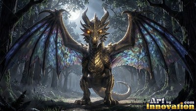 A gold dragon with colorful wings stands in a dark forest under the moon